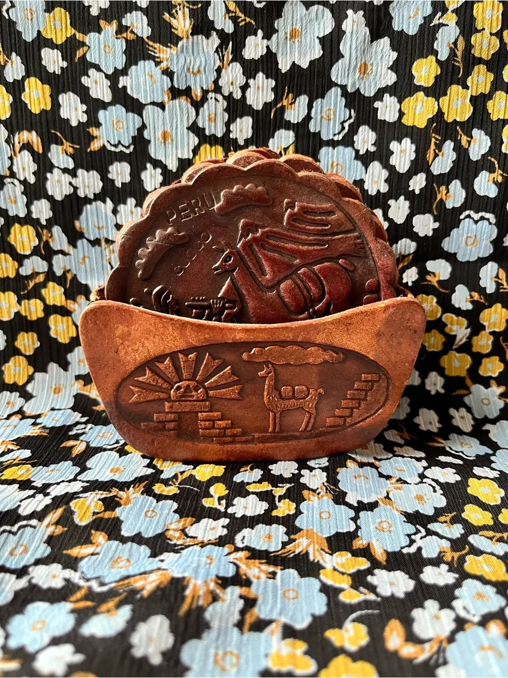 Vintage Handcrafted Peruvian Leather Coaster (4) set with Holder